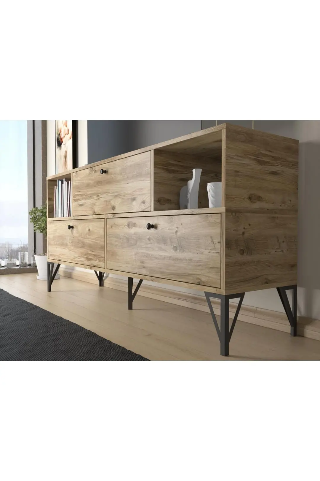 Mia 160 Cm Metal Ayaklı Tv Ünitesi - Konsol - Atlantik Çam / Siyah